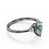 Seven Stone 0.5 carat Pear Moss Green Agate and Diamond Dainty Band Engagement Ring in White Gold