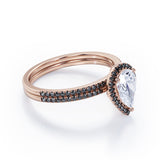 Scalloped Pave - 1.75 TCW Pear Shaped Moissanite with Lab Created Black Diamond - Halo Design Bridal Set in Rose Gold