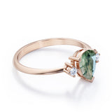 Special Gift - Trilogy 0.6 carat Pear Green Moss Agate and Moissanite Engagement Ring in White Gold