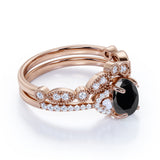 Exquisite Art Deco 1.75 Carat Oval cut Lab Black Diamond with Pearls Wedding Ring Set in Rose Gold