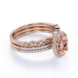2 Carat Oval Cut Art Deco Morganite and Moissanite Trio Wedding Ring Set in 18k Rose Gold Over Silver