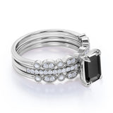 Unique antique 1.75 Carat Lab Black Diamond Trio Wedding Ring Set for Women in Rose Gold