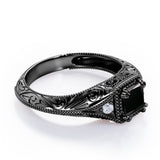 Vintage Eight Claws 1.10 Carat Princess Cut Black Diamond Three Stone Engagement Ring In White Gold