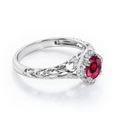 Modern Art Deco 1.10 Carat Round Cut  Lab Ruby And Diamond Cushion Framed Halo Engagement Ring In White Gold