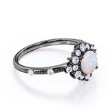 Clustered Halo 1.30 Carat Round Cut Translucent Opal And Diamond Antique Beaded  Engagement Ring In White Gold