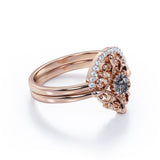 Starburst Filigree 0.65 Carat Round Cut Druzy Black Rutilated Quartz and Diamond Curved Pave Wedding Set Rings