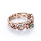 Antique Solitaire 1.25 Carat Round Cut Milky White Druzy Moss Green Agate with Diamond Marquise Dot Art Deco Band Wedding Ring Sets