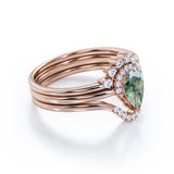 Crown Bezel Set 1 Carat Teardrop Shape Genuine Druzy Moss Green Agate and Matching Diamond Pave Band Trio Ring Sets