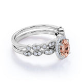 1.5 Carat Oval Cut Peach Morganite and Diamond Wedding Ring Set 10k Rose Gold Elegant Ring