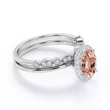 Art Deco Style 1.50 Carat Oval Cut Peach Morganite and Diamond Halo Wedding Set in Rose Gold