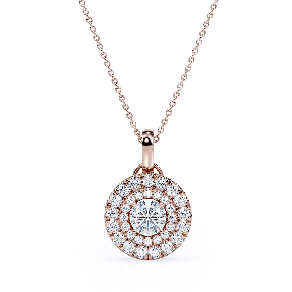 Basket Set Solitaire 1.50 Carat Round Cut Certified Moissanite and Diamond Micro Pave Pendant Necklace in White Gold