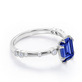 Sharp Eight Claws 1.10 Carat Emerald Cut Sapphire And Diamond Beaded Engagement Ring In Rose Gold