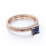 4 Prong Solitaire 1.25 Carat Princess Cut Simulated Alexandrite and Diamond Pave Bridal Set Rings