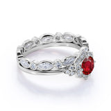 Vintage Floral Eternity 2.25 Carat Round Cut Lab Ruby and Diamond Halo Wedding Set with Art Deco Band in White Gold