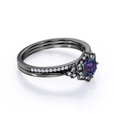 Tapered Floral Design 1.50 Carat Round Cut Lab Made Alexandrite and Diamond Cluster Pave Wedding Ring Sets for Her