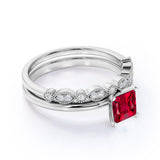 1.25 Carat Princess cut Lab Ruby and Diamond Wedding Ring Set in White Gold