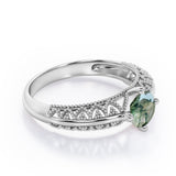 Beaded Art Deco 1 Carat Round Cut Green Moss Agate Solitaire Engagement Ring In White Gold
