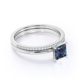 4 Prong Solitaire 1.25 Carat Princess Cut Simulated Alexandrite and Diamond Pave Bridal Set Rings