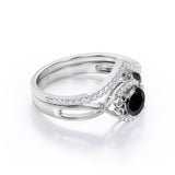 Artdeco 1.50 Carat Round cut Lab Black Diamond Trio Wedding Bridal Ring Set White Gold