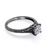 Stylish Engraved Dainty Flowers 1 carat Round Moissanite Engagement Ring in White Gold