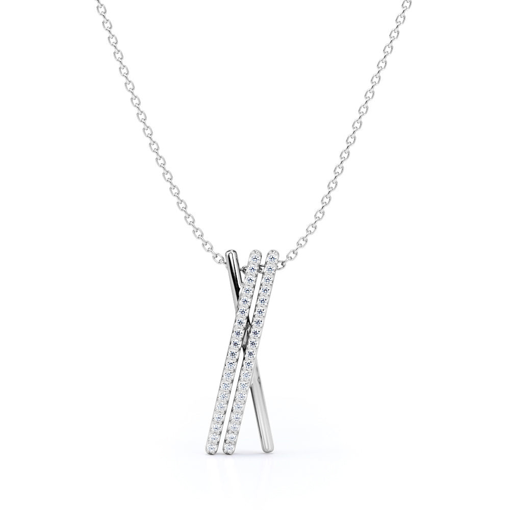 Stylish 0.25 Carat Round Cut Moissanite Three Line Pave Pendant Necklace In White Gold