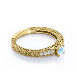 Antique Design Engraving 0.6 carat Round Moonstone and Moissanite Engagement Ring in White Gold