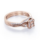 Cushion Halo Prong - 0.85 TCW Princess Cut Morganite and Moissanite - Infinity Split Shank Wedding Ring Set -  White Gold