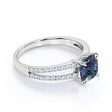 Double Shank Single Stone 1.50 Carat Cushion Cut Simulated Alexandrite and Diamond Pave Classic Engagement Ring