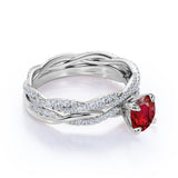 Infinity Design Four Claw 2 Carat Round Cut Lab Ruby and Diamond Pave Wedding Set in White Gold