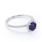 Minimalist Halo 1.50 Carat Round Cut Simulated Alexandrite and Diamond Pave Engagement Ring