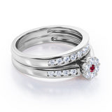 Flower Cluster Design 0.5 TCW Round-Shaped Ruby and Moissanite Flush-Channel Bridal Ring Set in Rose Gold