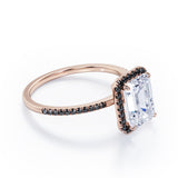 Halo-Style 1.5 TCW Emerald Cut Moissanite with Lab Created Black Diamond Engagement Ring with Pave Accents in Rose Gold