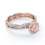 2 Carat Round cut Morganite and Diamond antique art deco Wedding Ring set in 10k Rose Gold