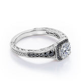 Double Prong Cluster - 1.4 TCW Round Moissanite with Lab Created Black Diamond - Filigree Pave Channel Engagement Ring in Rose Gold