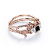 1.25 carat princess cut  Black Diamond three stone vine leaf wedding ring set in white gold