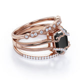 Affordable 1.50 Carat Emerald cut Lab Black Diamond Antique Wedding Trio Ring Set in Rose Gold