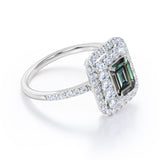 Clustered 1.75 Carat Emerald Cut Lab Created Alexandrite and Diamond Double Halo Pave Engagement Ring In White Gold.