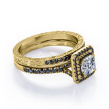 Art-Deco Pave Accented 1.7 TCW Princess Cut Moissanite with Lab Created Black Diamond Double Halo Bridal Ring Set in White Gold