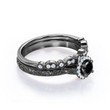 1.3 Carat Round Cut Lab Grown Black Diamond Halo Wedding Ring Set In White Gold