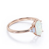 Unique Six Prong Basket Set 1.15 Carat Hexagon Shaped White Fire Opal And Diamond Five Stone Engagement Ring In White Gold.