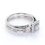 3 Stone Cathedral Modern Art Deco 1 ct TDW Princess Cut Diamond Milgrain Bridal Set - Wedding Set - 10K White Gold