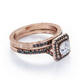 Art-Deco Pave Accented 1.7 TCW Princess Cut Moissanite with Lab Created Black Diamond Double Halo Bridal Ring Set in White Gold