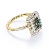 Clustered 1.75 Carat Emerald Cut Lab Created Alexandrite and Diamond Double Halo Pave Engagement Ring In White Gold.