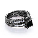 1.50 carat princess cut Black Diamond vintage milgrain bridal set ring in white gold
