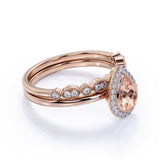 Classic Pave 1.50 Carat Pear Shape Morganite and Diamond Halo Bridal Ring Set with Art Deco Band in White Gold