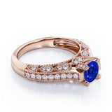 Beaded Four Prongs 1.40 Carat Round Cut Sapphire And Diamond Vintage Art Deco Engagement Ring In Rose Gold