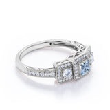 1.5 Carat Princess Cut Aquamarine And Diamond Halo Engagement Ring In White Gold