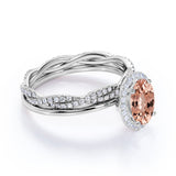 Unique 1.75 Carat Oval Cut Peach Morganite and Diamond Wedding Bridal Ring Set in 10k Rose Gold Affordable Ring