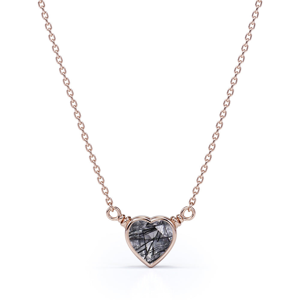 Solitaire 0.5 Carat Heart Shaped Natural Druzy Black Rutile Quartz Bezel Set Pendant Necklace In Black Gold