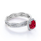 Four Claw 2.25 Carat Cushion Cut Lab Ruby and Diamond Wedding Set with Infinity Band in White Gold